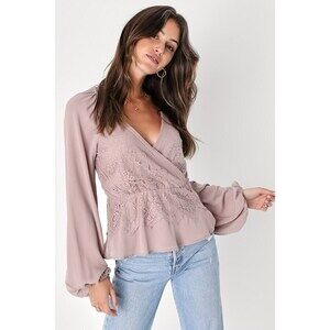 Lulus Loving Arms Taupe Lace Long Sleeve Peplum Top - Size L